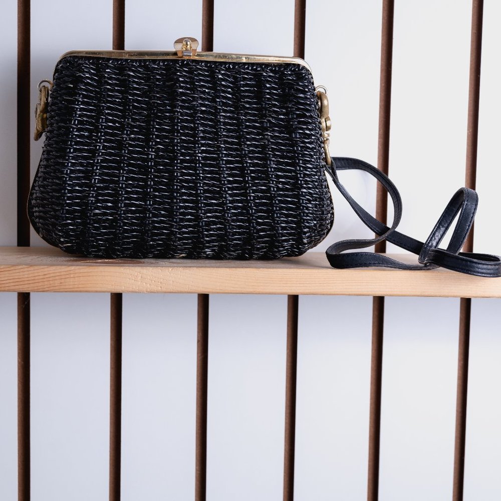1960s MAGID Black Plastic Woven Vinyl Handbag, Vintage